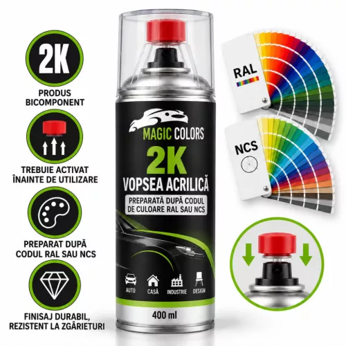 Spray vopsea acrilică 2K umplută, preparată după cod RAL sau NCS – 400 ml